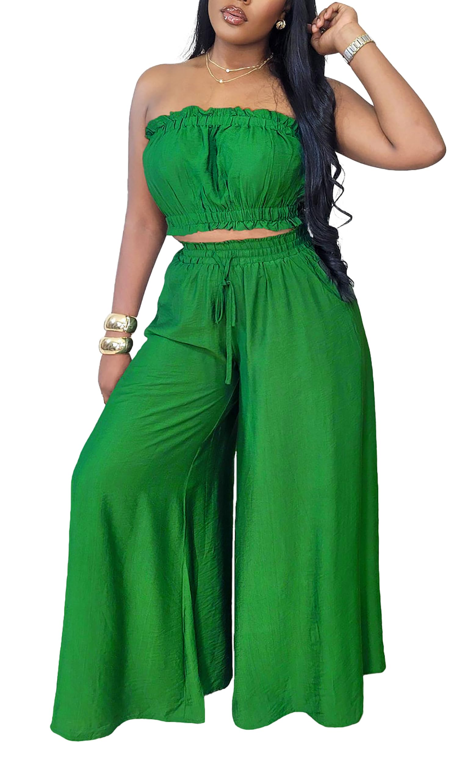 Two Piece Sets for Women Summer Outfits Crop Tops and Wide Leg Pants Sets Sexy Jumpsuits Vacation Outfits with Pockets