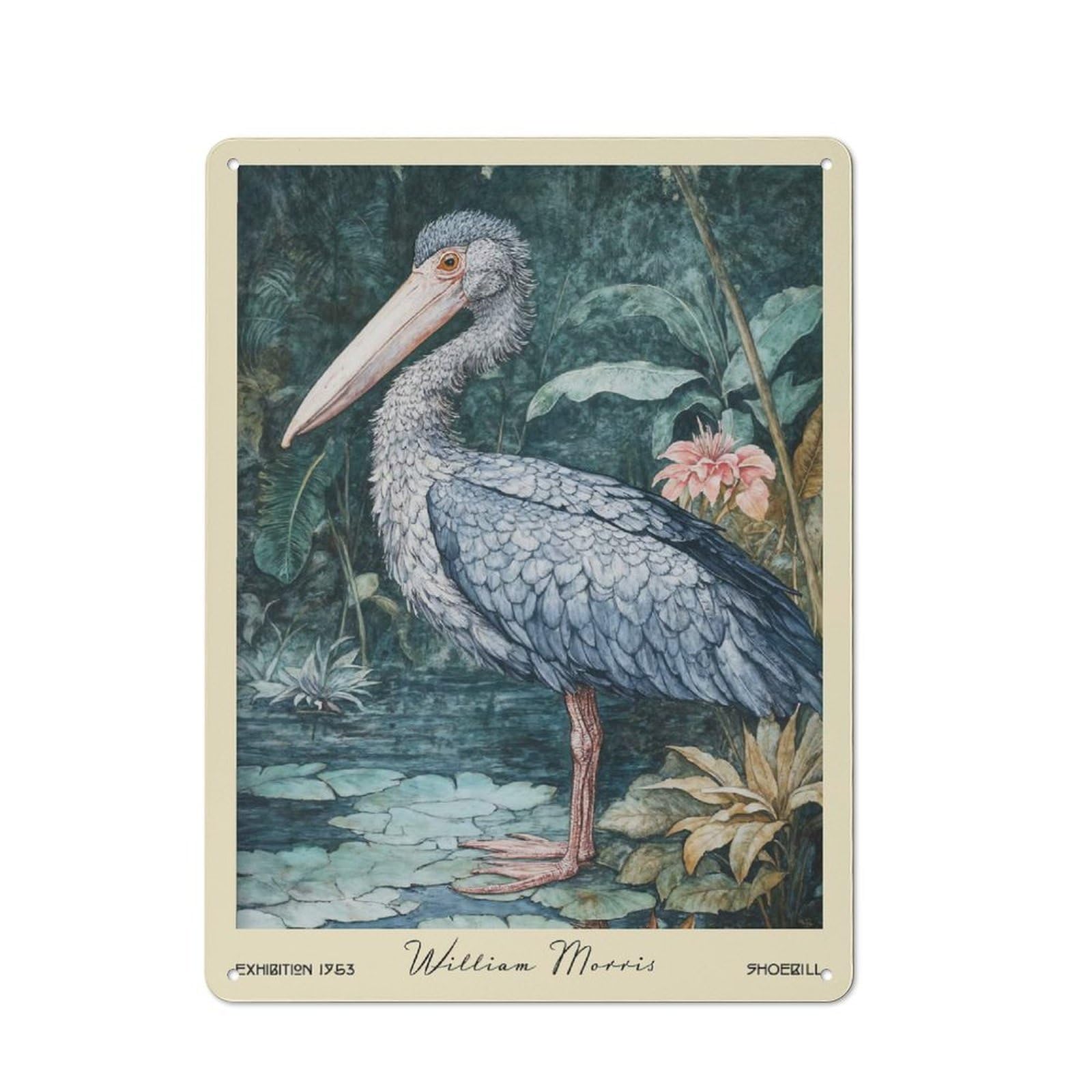 Junmoney Style-1 Shoebill William Morris Botanical Understated Metal Wall Decor 40X30cm, Office Metal Sign For Office, Study, Studio Or Hallway