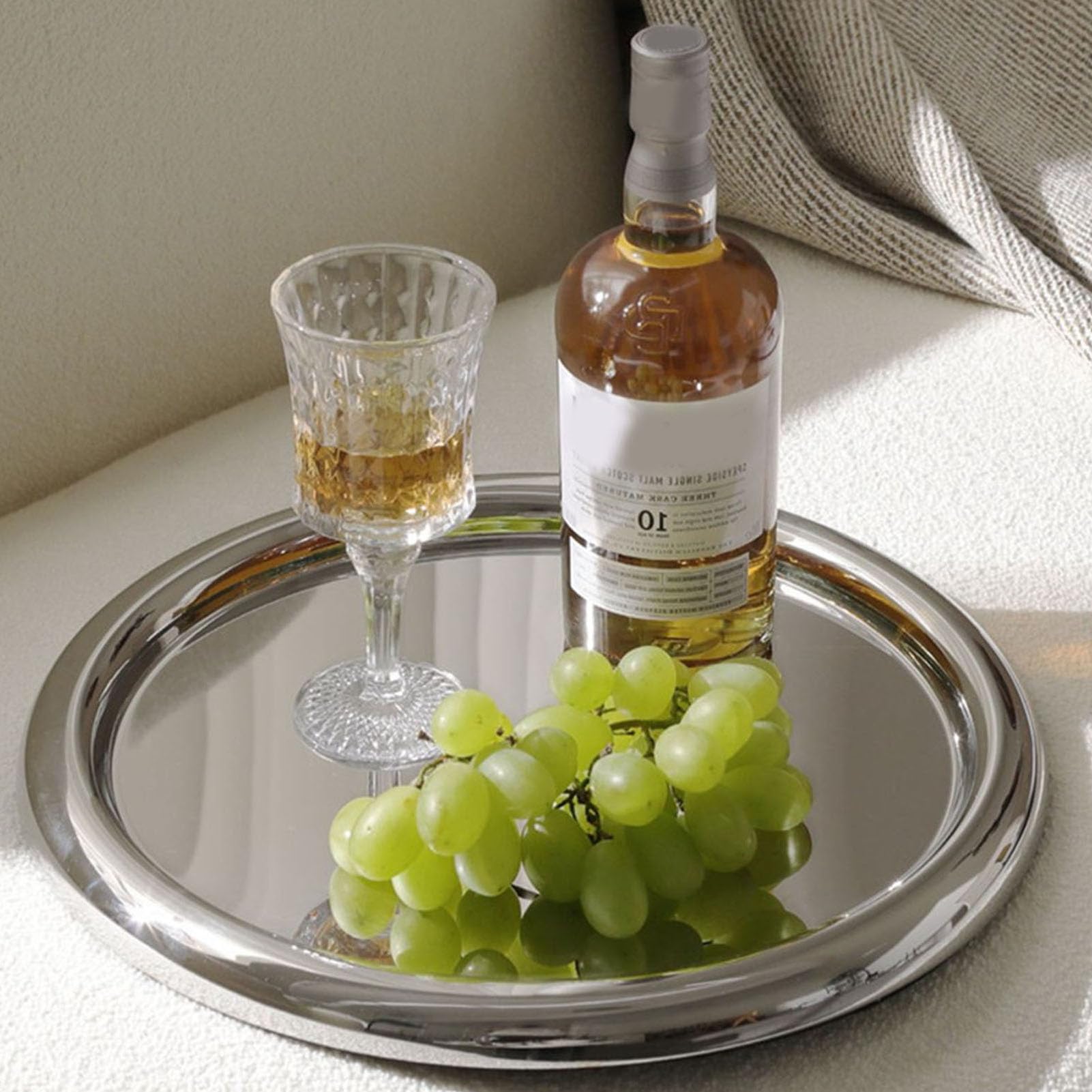 Buachois Vassoio Rotondo in Acciaio Inossidabile, Vassoio Servizio 35cm Specchiato Argento per Bevande Spuntini Dessert Bar