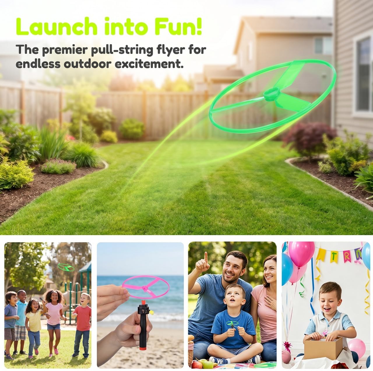 Flying Disc Launcher Toy - Pull String Flying Disc Set 5 String Launchers and 10 Flying Saucer Disk Launcher, Disk Helicopter for Kids Party Favors and Outdoor Activities