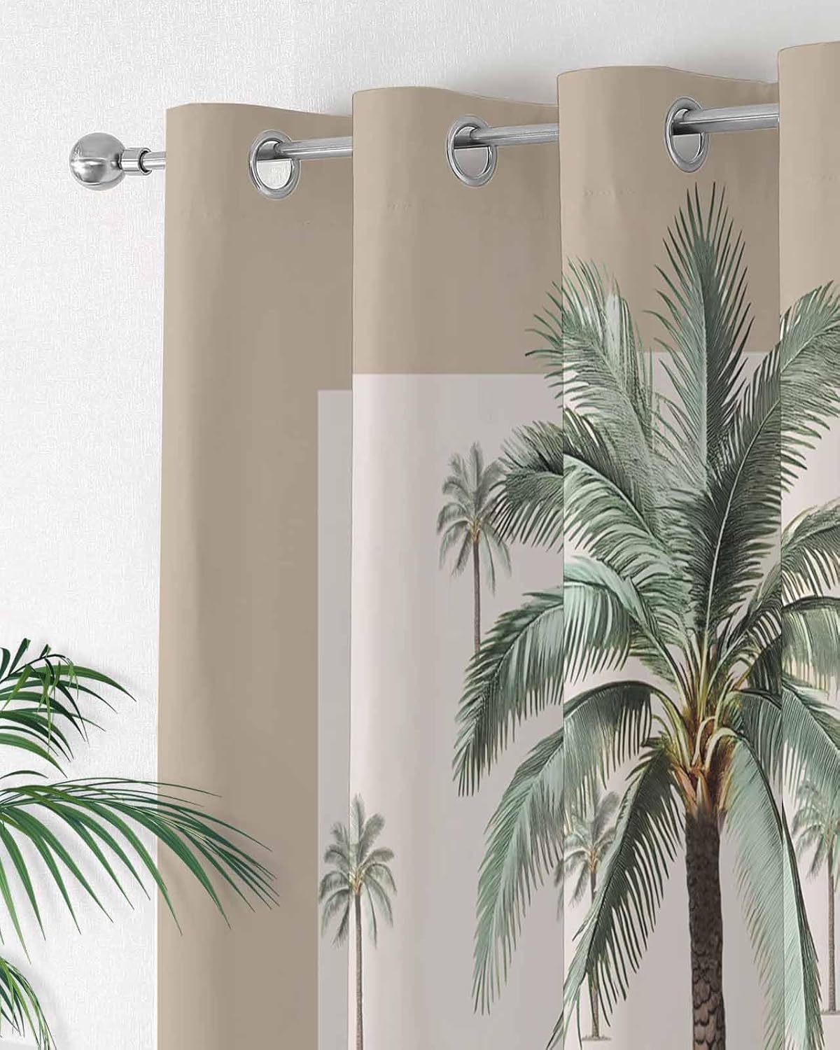 52x90 Inch Window Curtain Tropical Plant Palm Tree Brown Background Semi Sheer Grommet Curtain, Privacy Drapes Light Filtering for Bedroom Living Room Bathroom Window, Home Decor Window Treatment