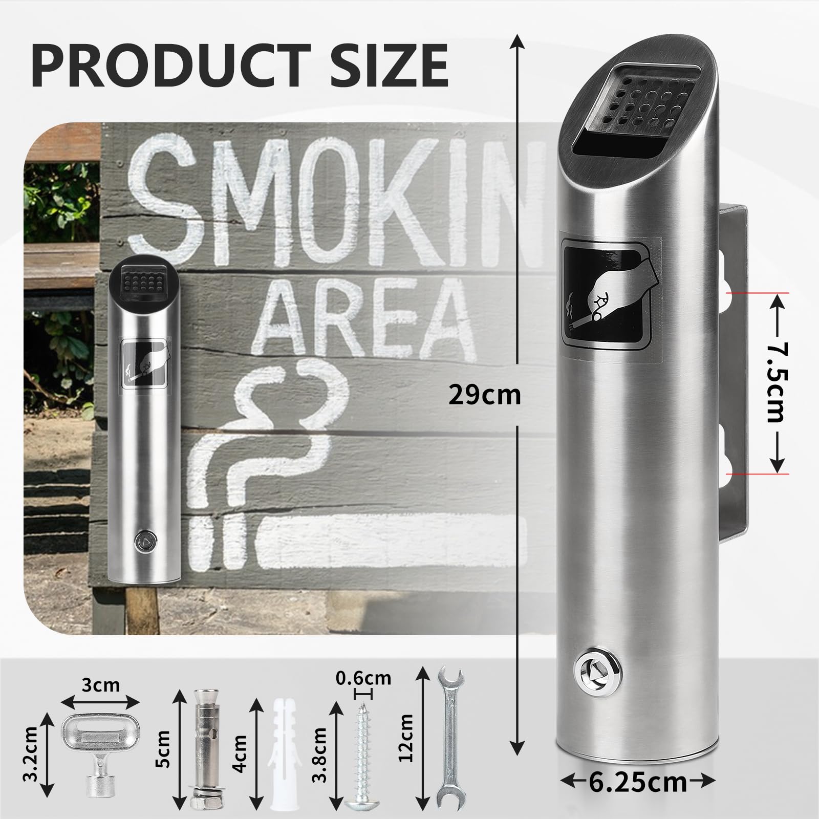 CPROSP 2 Pcs Cendrier Mural Extérieur en Acier Inoxydable 28,5*6,5 cm, Cendrier Mural Tubulaire en Acier avec Couvercle et Serrure, Convient aux Jardins, Balcon, Villas Anti-Odeur avec Clé de Serrage