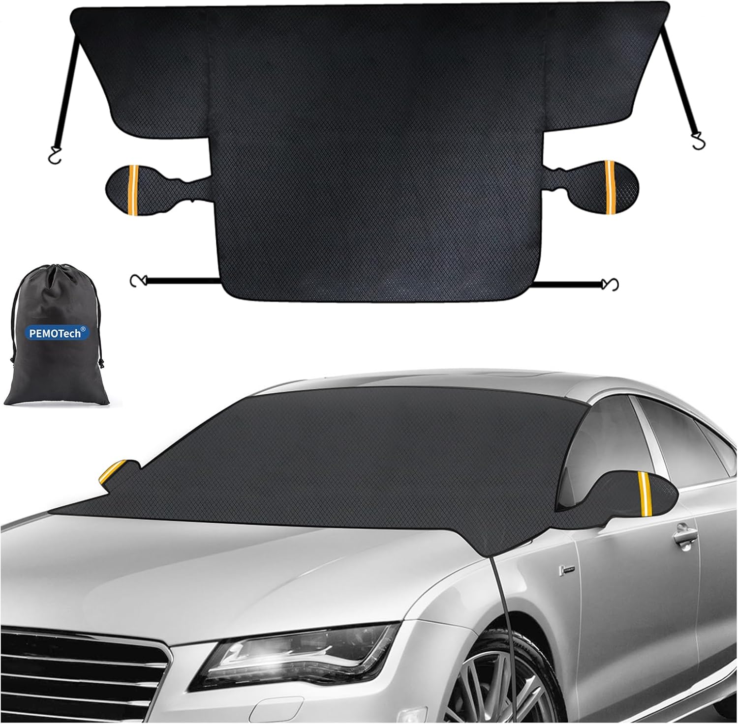 PEMOTech Windshield Cover for Snow and Ice,[2025Upgraded 600D] Oxford Fabric Windproof Winter Frost and Ice With Side Mirror Covers, Windshield Snow Cover Includes Anti-Theft Straps for Cars TrucksSUV - Amazon product rated Grade A