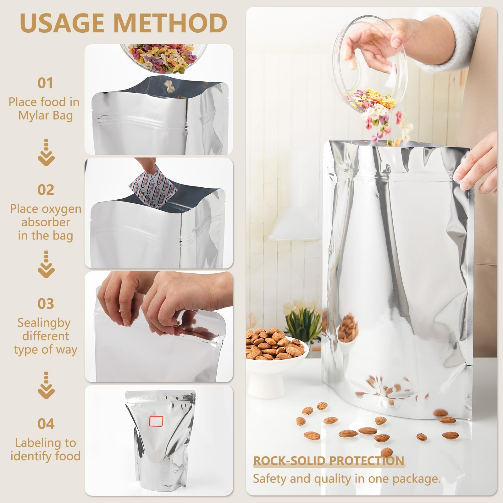 Confezione da 50 sacchetti in Mylar da 1 gallone con assorbitori | Sacchetti in Mylar per la conservazione degli alimenti, 25,4 x 35,5 cm, grandi sacchetti in Mylar per conservare riso