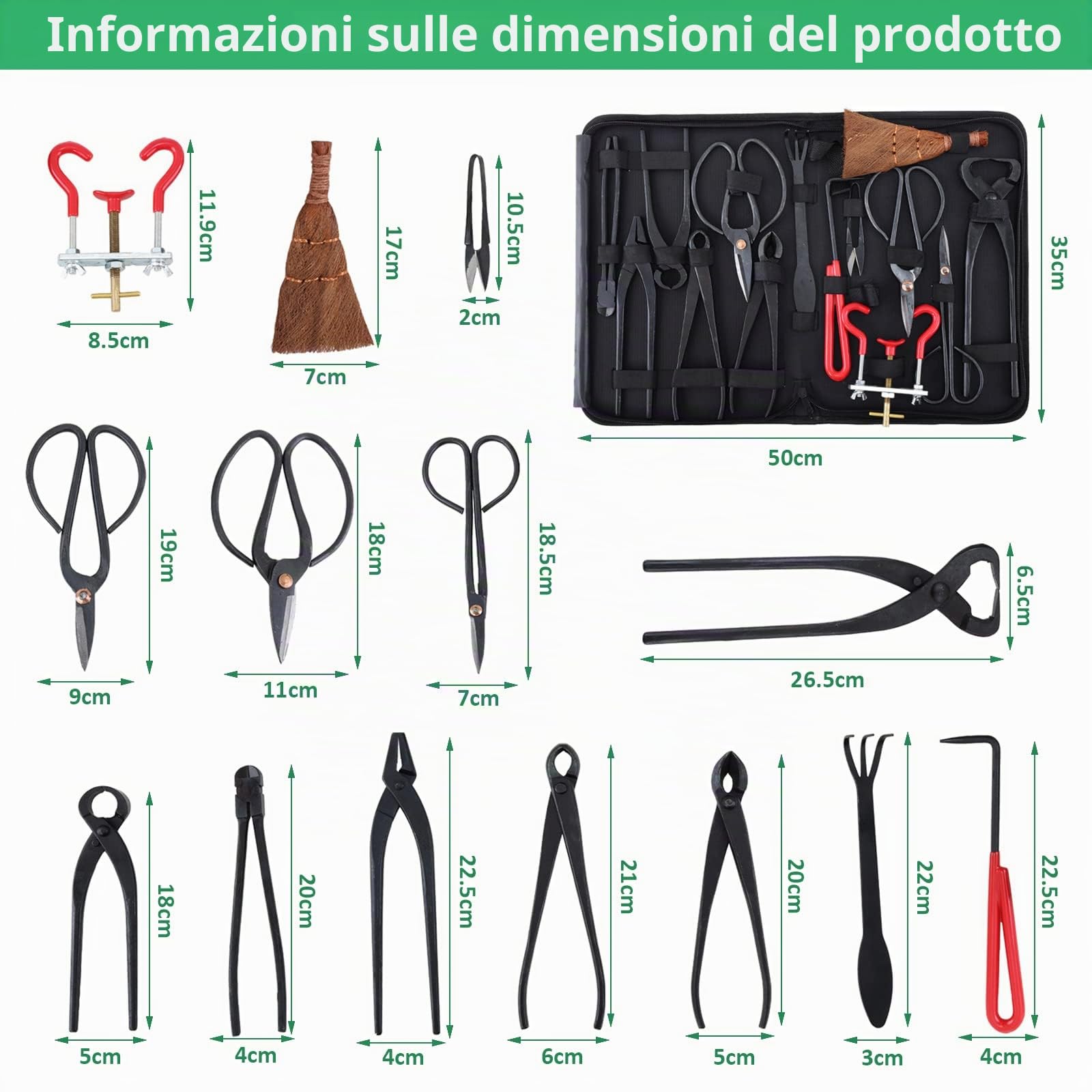 14 Pezzi Set di Attrezzi da Giardinaggio, Forbici Bonsai in Acciaio al Carbonio, Attrezzi Bonsai Include Pinze, Forbici, Potatura Bonsai, Mini Rastrello, Pala a Punta Tonda