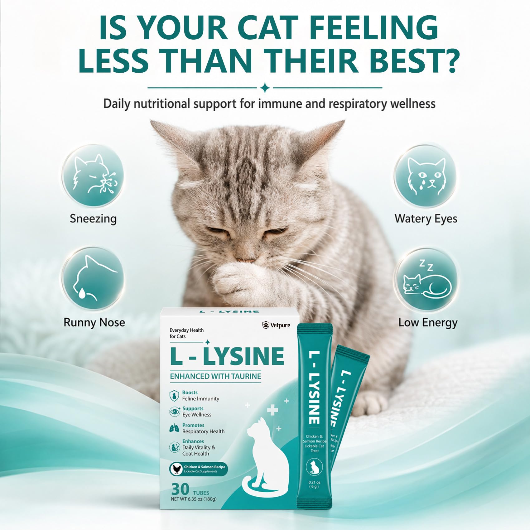 L-Lysine for Cats, Immune, Respiratory & Eye Health Support with Taurine, Helps Support Allergy Relief, Sneezing, Coughing, Runny Nose & Watery Eyes, Chicken Flavor Lickable Cat Treats, 30 Sachets — Amazon image 2