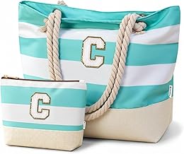 Vavabox Initial Beach Bag with Zip and Pockets, Personalized Gifts for Women, Water-resistant Foldable Large Beach Tote Bag Set for Travel Swimming Pool