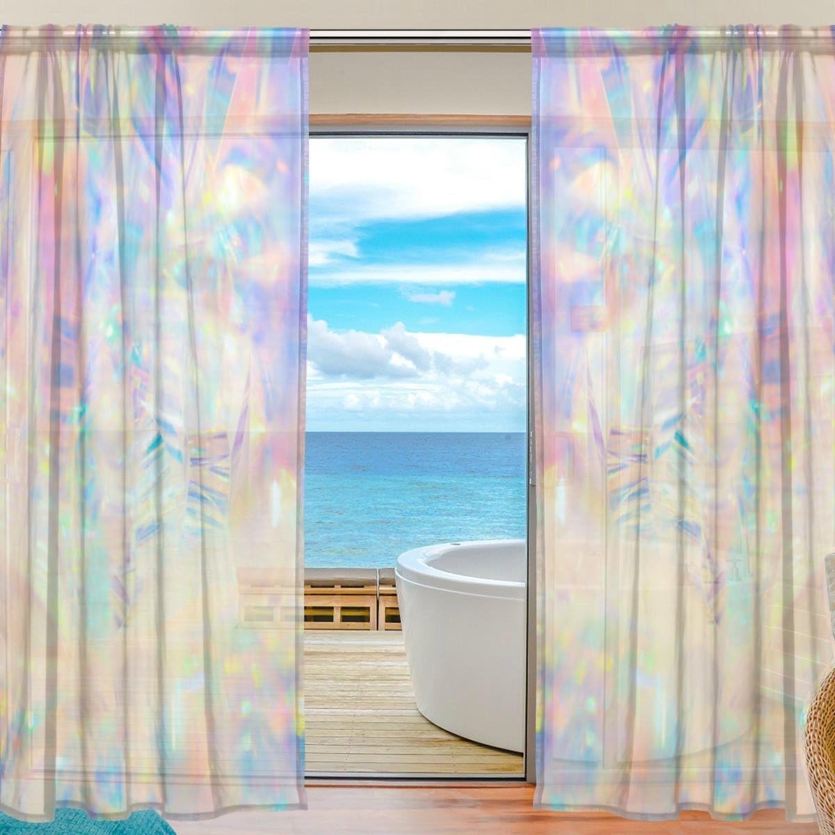 Floral Holographic Iridescent Metallic Semi Sheer Curtains Window Voile Drapes Panels Treatment-55x78in for Living Room Bedroom Kids Room, 2 Pieces