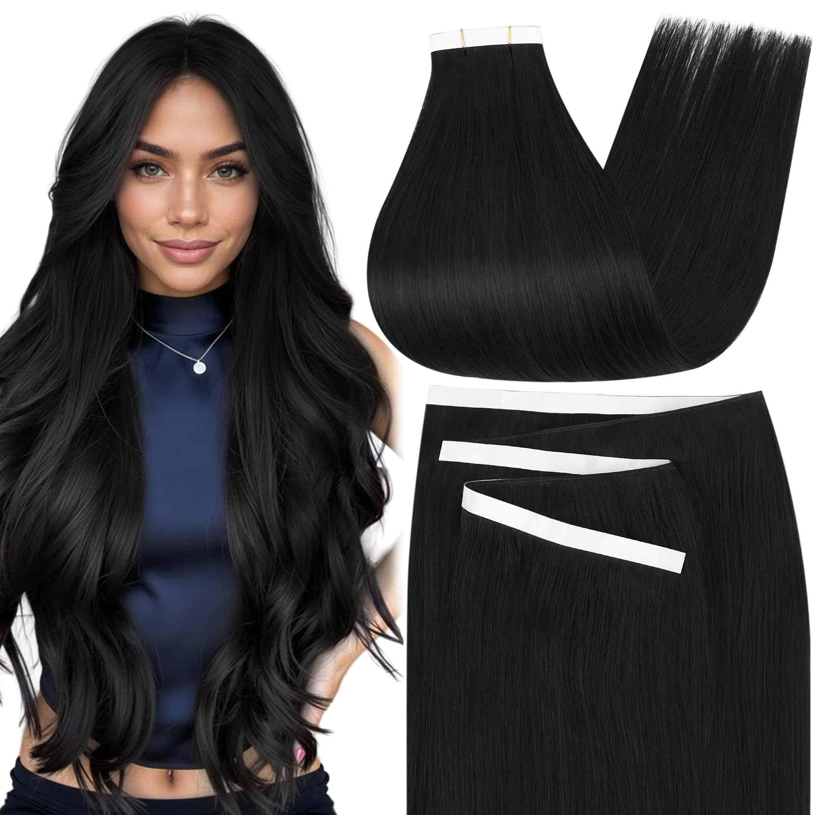 Moresoo Tape Hair Extensions Real Human Hair 18 Inch Jet Black Human Hair Extensions Tape in Black Remy Hair Straight Silky Soft for Women Natural Looking 20pcs/50g #1 — view 37