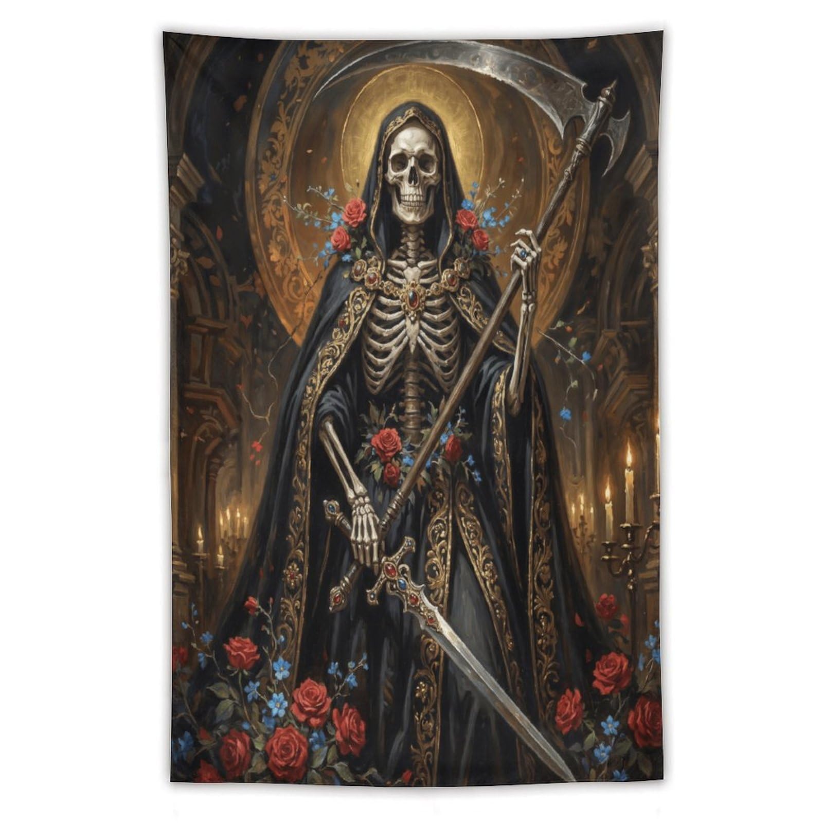 H3B8U2Y5 Grim Reaper Rose Cathedral Wall Tapestry, Room Divider