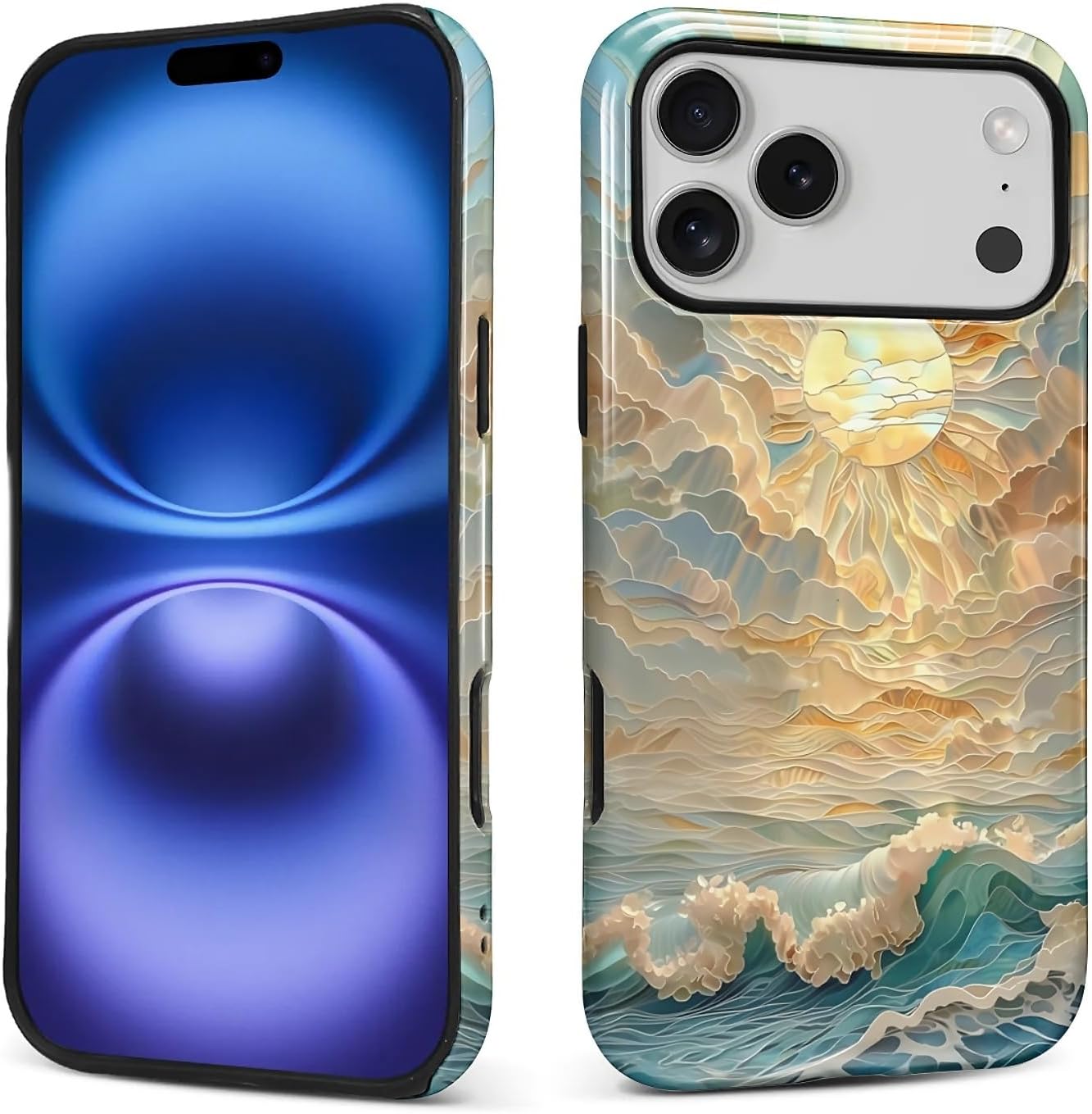 ZHEGAILIAN Case for iPhone 17 Pro Max,Shockproof Hard Shell Soft Silicone 2 in 1 Hybrid Shockproof Bumper Drop Protective Ocean Waves Sun Rays Stained Glass