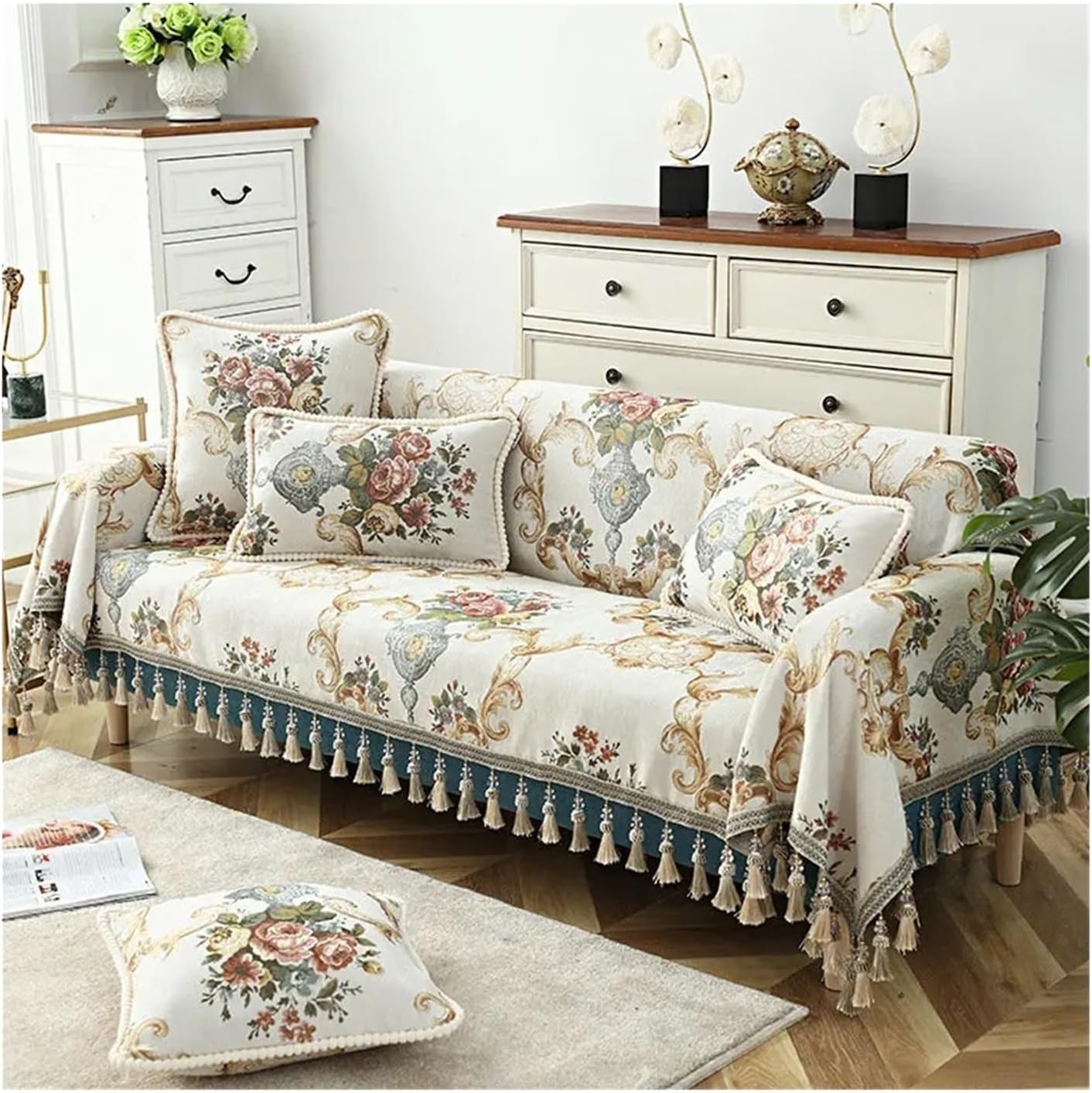Vintage Sofa Cover Tassel Sofa Slipcover, Couch Cover, 1/2/3/4 Seater, Jacquard Flower, Single Furniture Recliner Chaise Towel(Gray Blue-E,5 Seater-190x380cm)