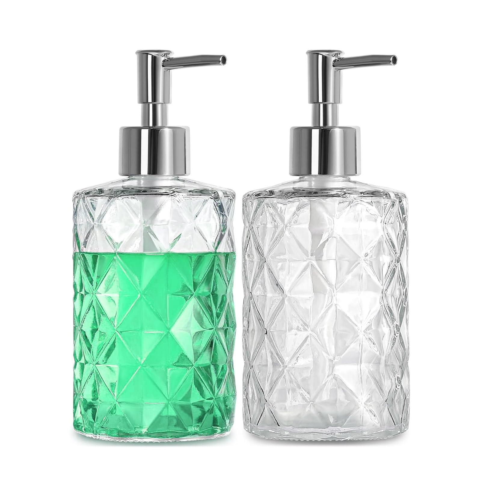Glass Soap Dispenser 2pc, Diamond Crystal Transparent Style with Plastic PumpοΌHandwash Dispenser Bottle, Used in Kitchen and Bathroom