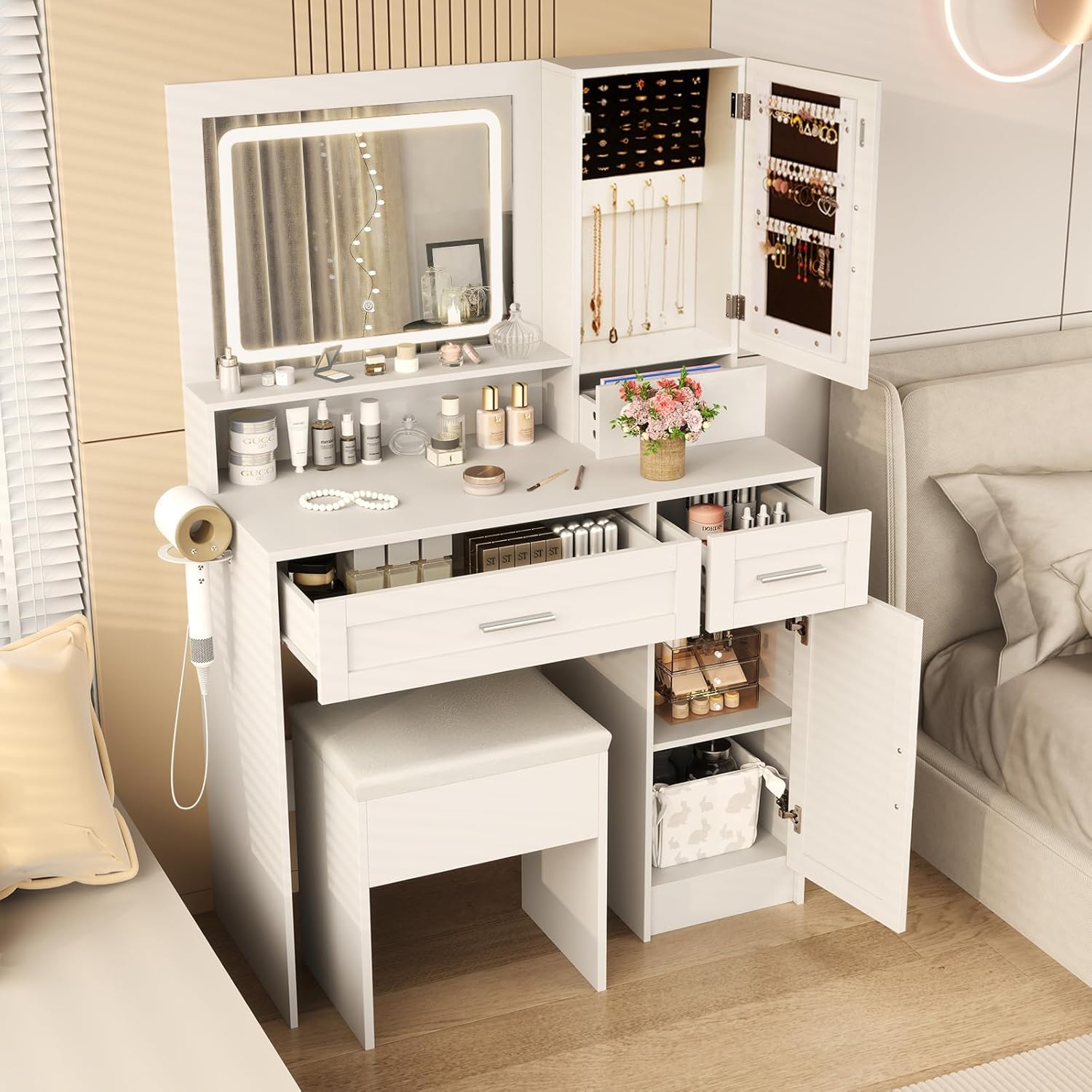 COSTWAY Vanity Desk with Mirror and Lights, 35.5'' Farmhouse Dressing Table with Jewelry Cabinet, Charging Station, Storage Drawers, Padded Stool, White Makeup Vanity Set for Bedroom