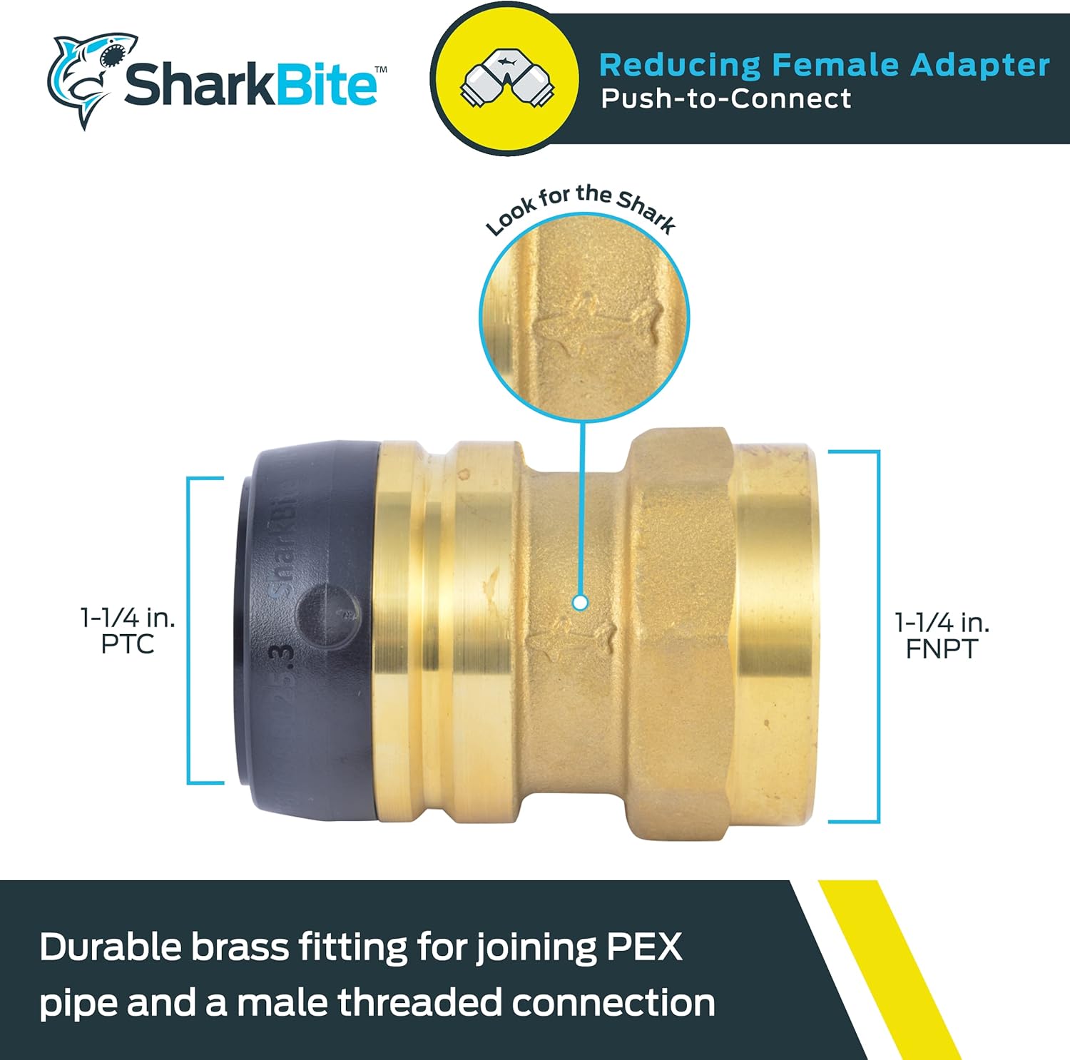 SharkBite 1-1/4 Inch FNPT Adapter, Push to Connect Brass Plumbing Fitting, PEX Pipe, Copper, CPVC, PE-RT, HDPE, UXL113532F