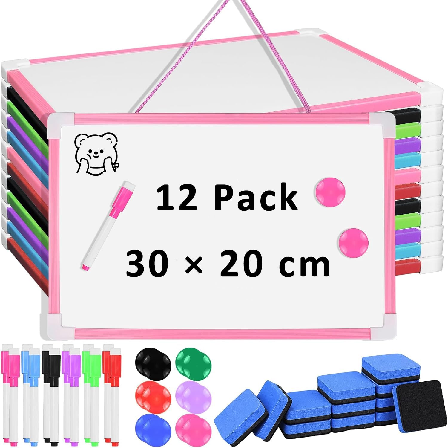 12 Sets A4 Hanging Magnetic Whiteboards, 30 x 20 cm Small Dry Wipe Boards, Double Sided Mini White Board with Pens, Erasers & Magnets for School Classroom, Home Learning & Office