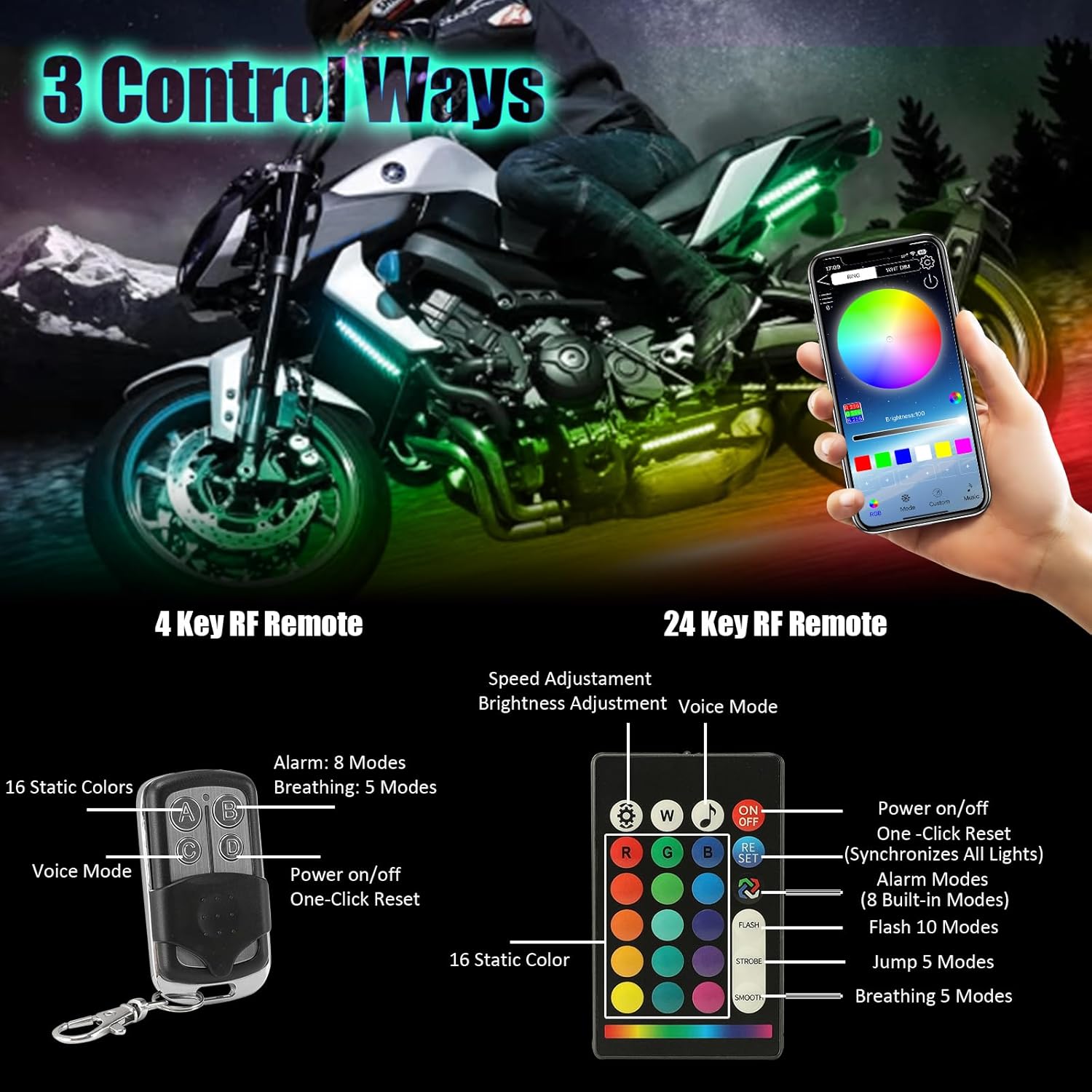 SUNPIE Motorcycle Underglow Kit 16 PCS with Smart Brake & Turn Signal Sync 12V Waterproof Neon Glow Enhanced Night Riding Safety for Harley Kawasaki Suzuki Indian All Motor