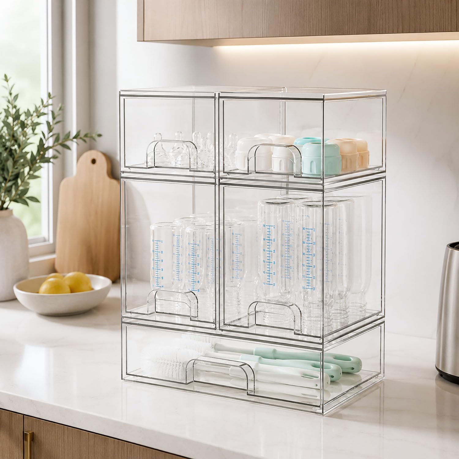 Stackable Baby Bottle Organizer for Countertop, Clear Acrylic Storage Bins for Bottles, Pump Parts & Baby Essentials, Space-Saving Feeding Station for Kitchen, Pantry, Bathroom & Nursery, 5 Pack