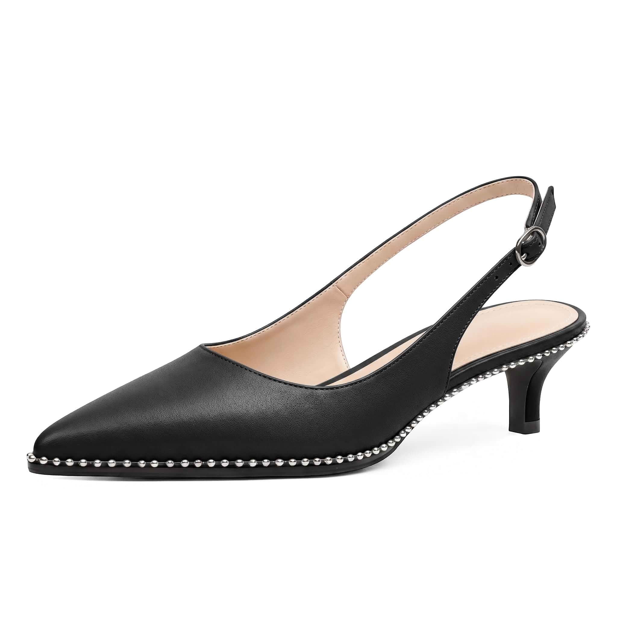 AUMOTED Women's Slingback Kitten Heels Pointed Toe Stiletto Low Heel Ankle-Strap with Beaded Pumps Dress Shoes 1.6 Inches