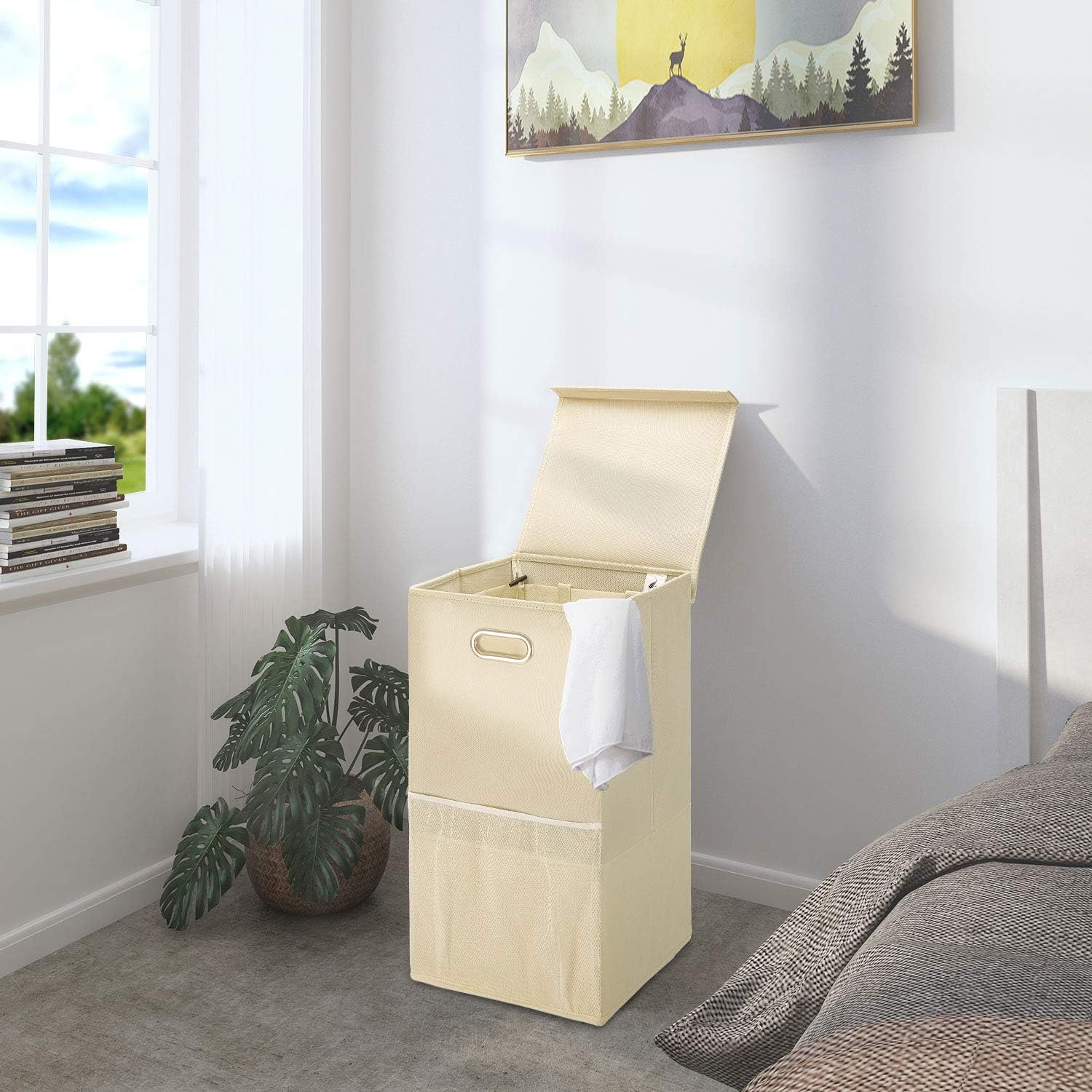 GREENSTELL Laundry Hamper with Lid and Handles, Foldable Laundry Basket with Mesh Pockets, Easy Movement Clothes Laundry Basket for Bedrooms, Laundry Room and Balconies (1 Pack Beige)
