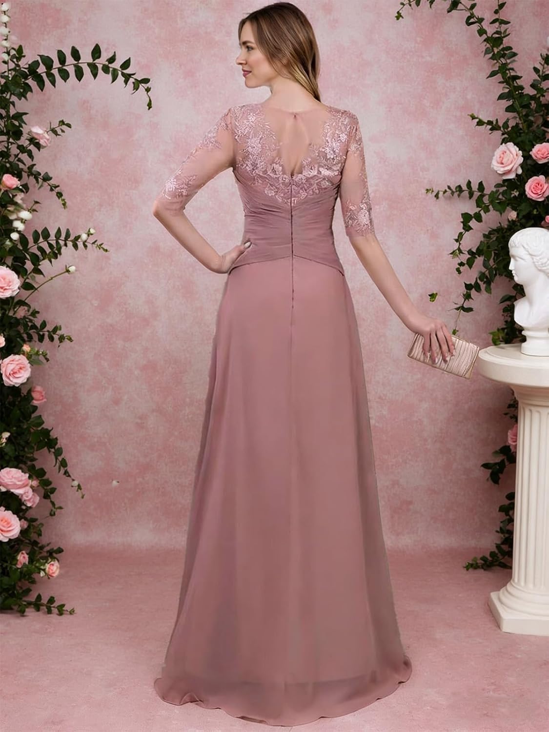 REIOKJ Lace Chiffon Mother of The Bride Dresses - 3/4 Sleeves Long Formal Evening Dress for Wedding - Image 4