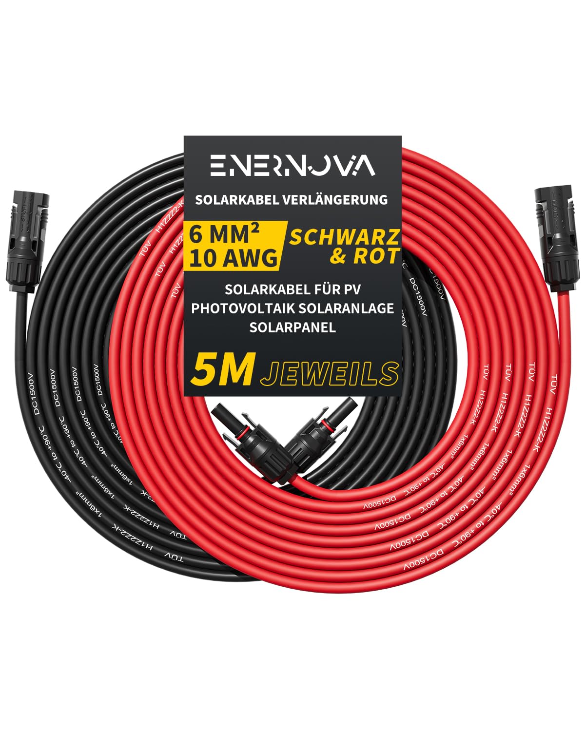 Solarkabel 4mm²/6mm², Solarkabel Verlängerung 1/2/3/5/8/10/12/15/18/20M, Multi-Contact 4 Verlängerungskabel, IP67 Wasserdichtem für PV Solaranlage(6mm² 5M)