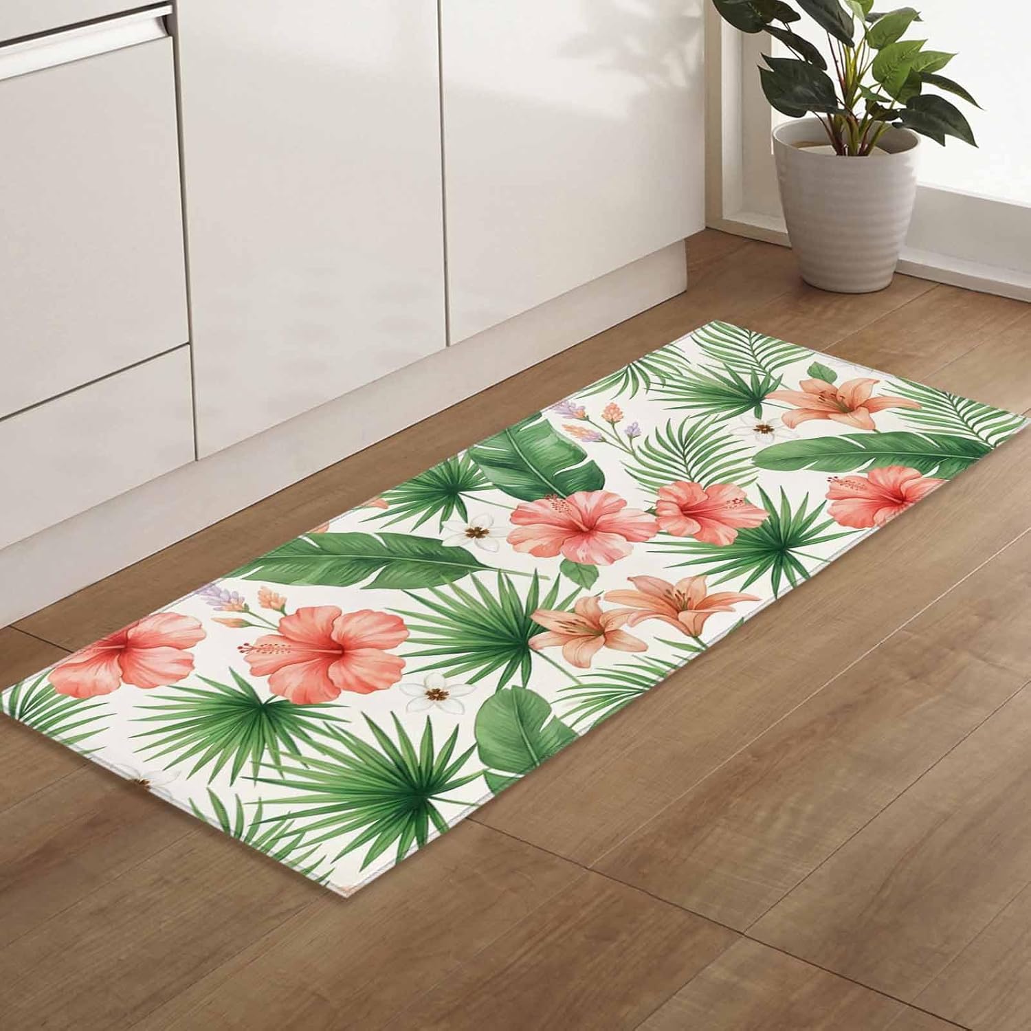 Teamery Kitchen Mats for Floor Summer Blossom Hibiscus Leaf Washable Non Slip Kitchen Rugs 1PCS, Country Floral Green Leaves Absorbent Standing Mats for Sink Bathroom Office Living Room 15.7x47.2in