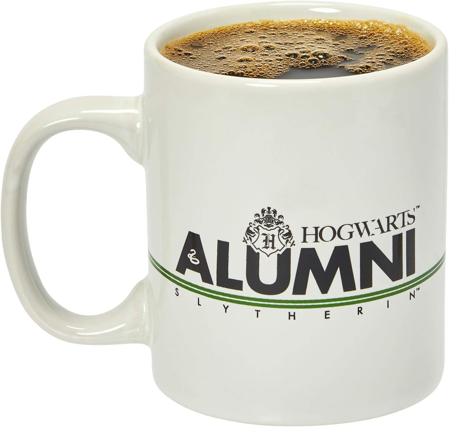 Harry Potter Slytherin Alumni 11-Oz Mug - White Ceramic Cup With Handle - Hogwarts Crest & House Green Stripe With Black Lettering - From Rowling's Wizarding World