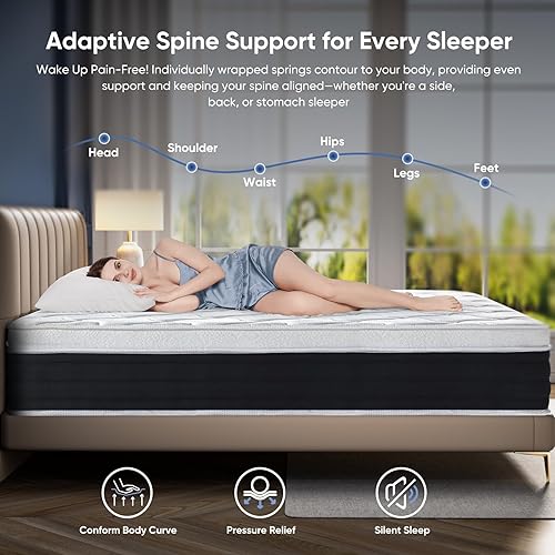 Miniatura 6 de Queen Mattress 12 Inch 80''*60''*12'' Medium Firm Hybrid with Memory Foam Individual Pocket Springs Edge Support Motion Isolation Pressure Relief
