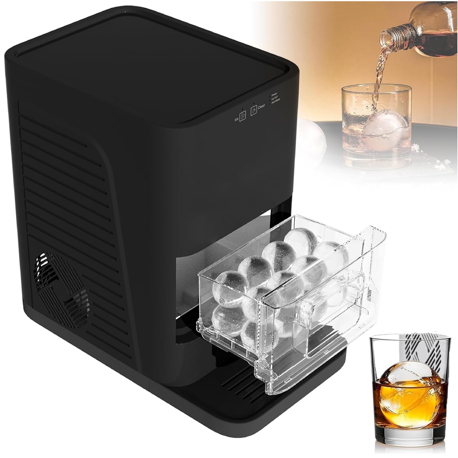 BOOZXCV Whiskey Sphere Ice Machine, Countertop Ice Maker for 50mm Round Ice Cubes, 72 Ice Spheres/Day, 1.2L Water Tank, Auto Self-Cleaning, Ideal for Home or Bar