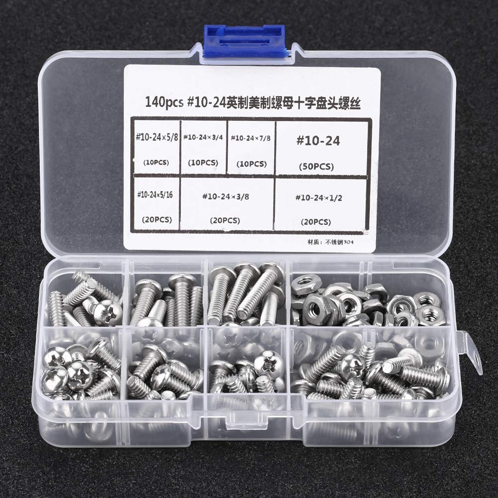 Stainless Steel Pan Head Screws 140 Pieces Assorted 10-24 Size Cross Head Machine Screws with Plastic Box for DIY Projects and Hardware Repairs