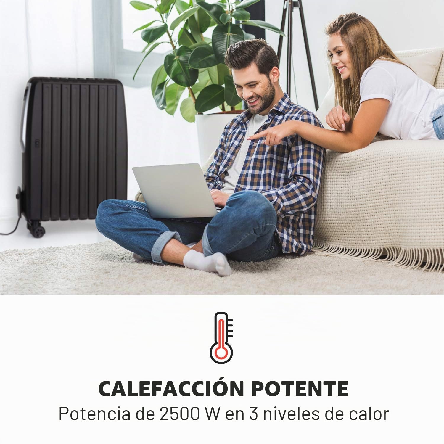 Klarstein Thermaxx Noir - Radiador de aceite de 2500W de potencia, 3 niveles, rango de temperatura: 10 – 30°C, temporizador 24h, función de encendido/apagado, tubo de calefacción doble U, negro