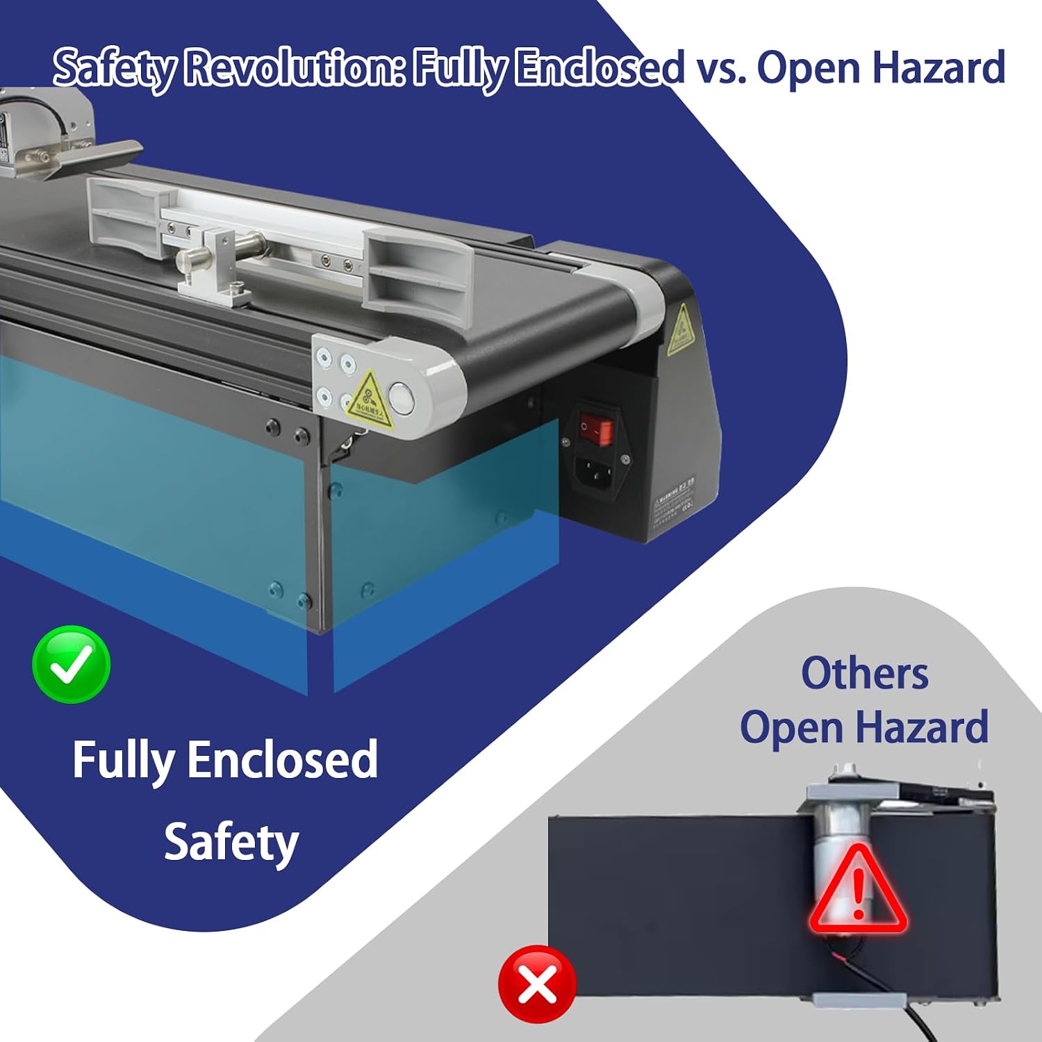 Images showing flexible printing height adjustment for the print head and adjustable limit baffle for precise print placement on the conveyor belt.