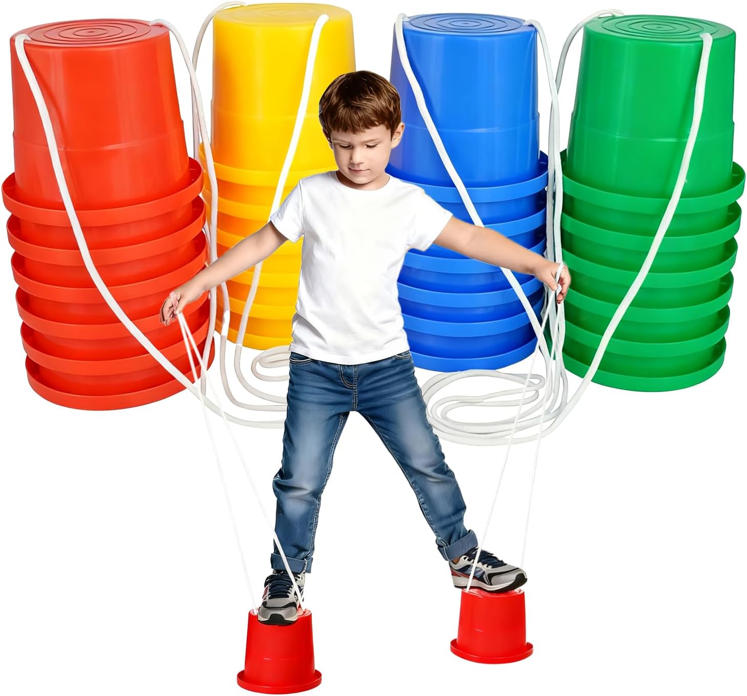 12 Pcs Balancing Stilts with Adjustable Rope Plastic Walking Bucket Stilts Toy for Kids Preschool Playground Indoor Outdoor Obstacle Course Games (4 Colors)
