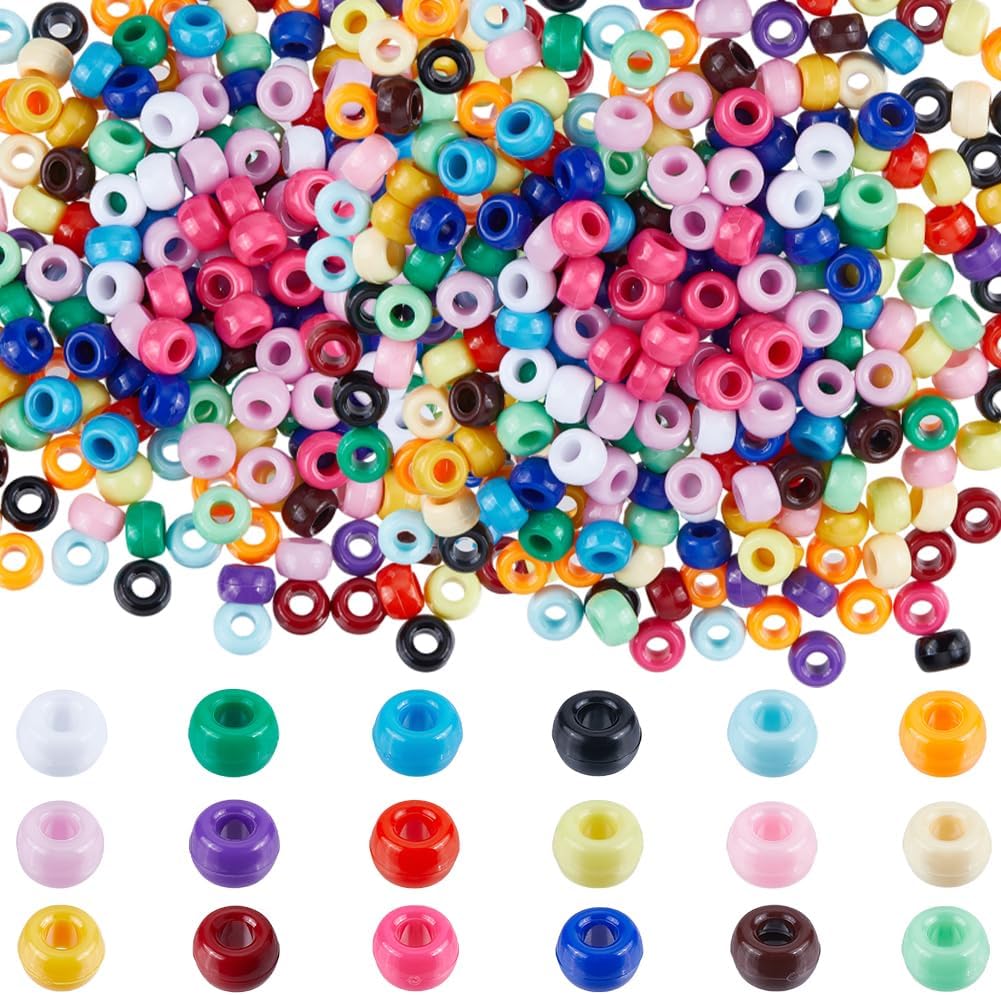 SUNNYCLUE 1800Pcs 18 Colors Pony Beads Bulk Opaque Pony Beads Purple Pink Black White Green Colorful Kits 6X9mm Hair Braid Large Hole Plastic for Jewelry Making Beading Kit