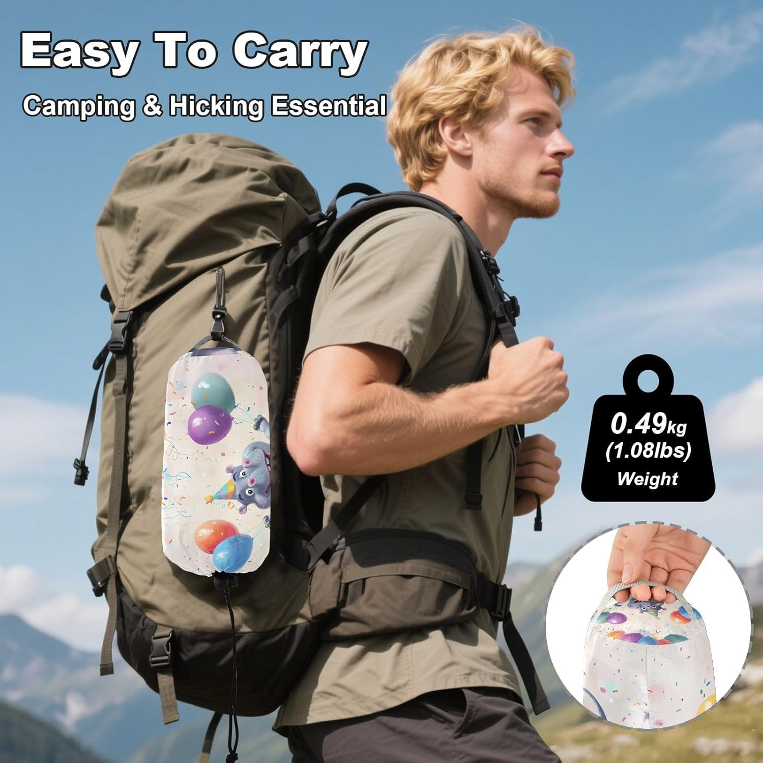 ALAZA Hippo and Balloons Camping Hammocks Single or 2 Person 500 lbs Portable Parachute Travel Hammock w/Tree Straps for Hiking Backpacking Indoor Outdoor