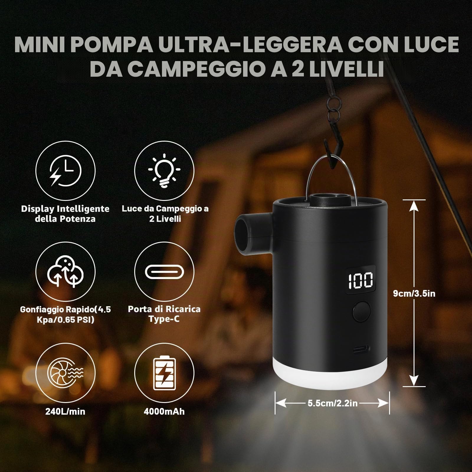 Pompa Elettrica Ad Aria Con Batteria: Batteria Ricaricabile 4000mAh Leggera E Ultra-Rapida Per Gonfiare Sgonfiare Mini Pompa Ad Aria Elettrica Portatile Con Lampada Da Campeggio Per Materassini