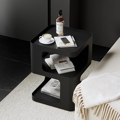 Miniatura 2 de Mesa auxiliar, mesa auxiliar moderna, mesita de noche de metal negro, mesita de noche, mesa de acento con almacenamiento para sala de estar, Negro