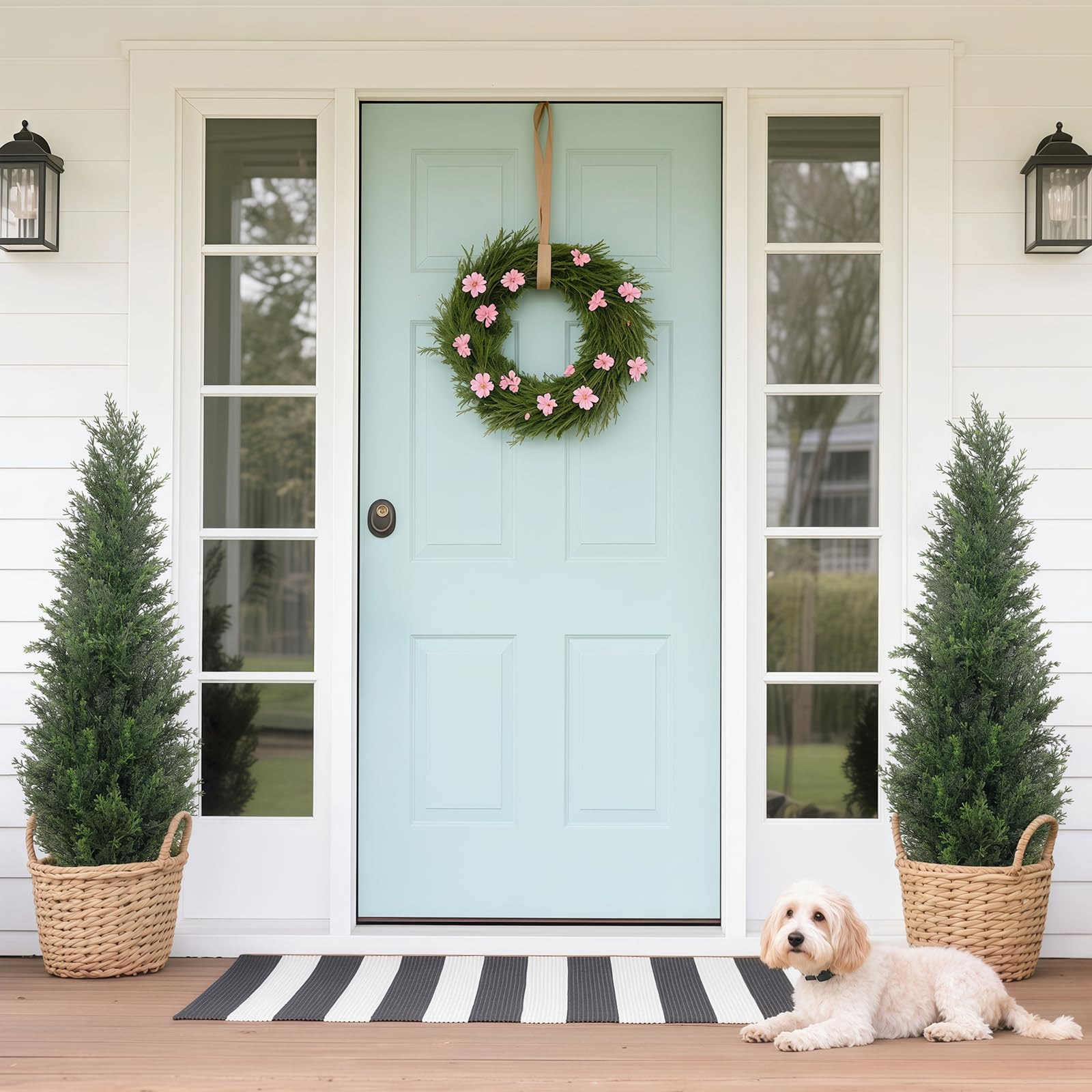 artificial cedar topiary trees for outdoors, 4ft uv resistant faux potted cypress plants, set of 2 realistic fake potted topiary plants for home porch, garden, and entryway decor