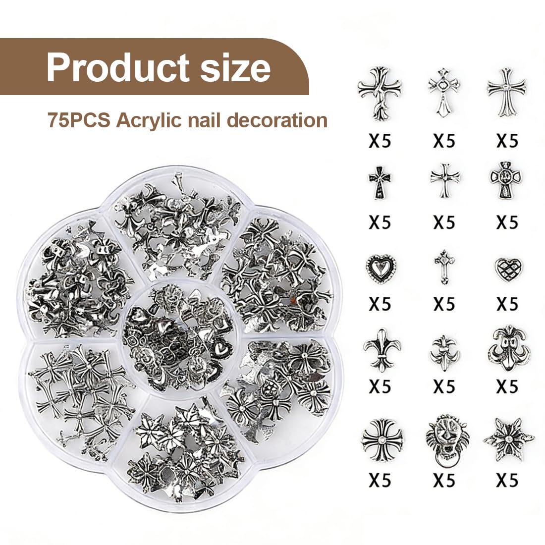 75 Pièces Breloques pour Ongles Croix Argent Charme avec Coeurs Gothiques Rétro Punk Crânes Manucure Décorations Nail Art, Deco Ongle Nail Art