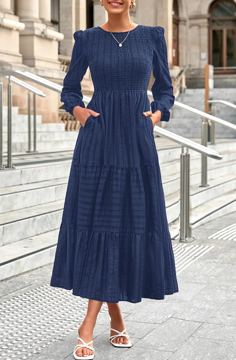 PRETTYGARDEN Womens Long Sleeve Fall Dresses Casual Crew Neck Smocked High Waist Tiered Flowy Maxi Dress with Pockets - Image 5