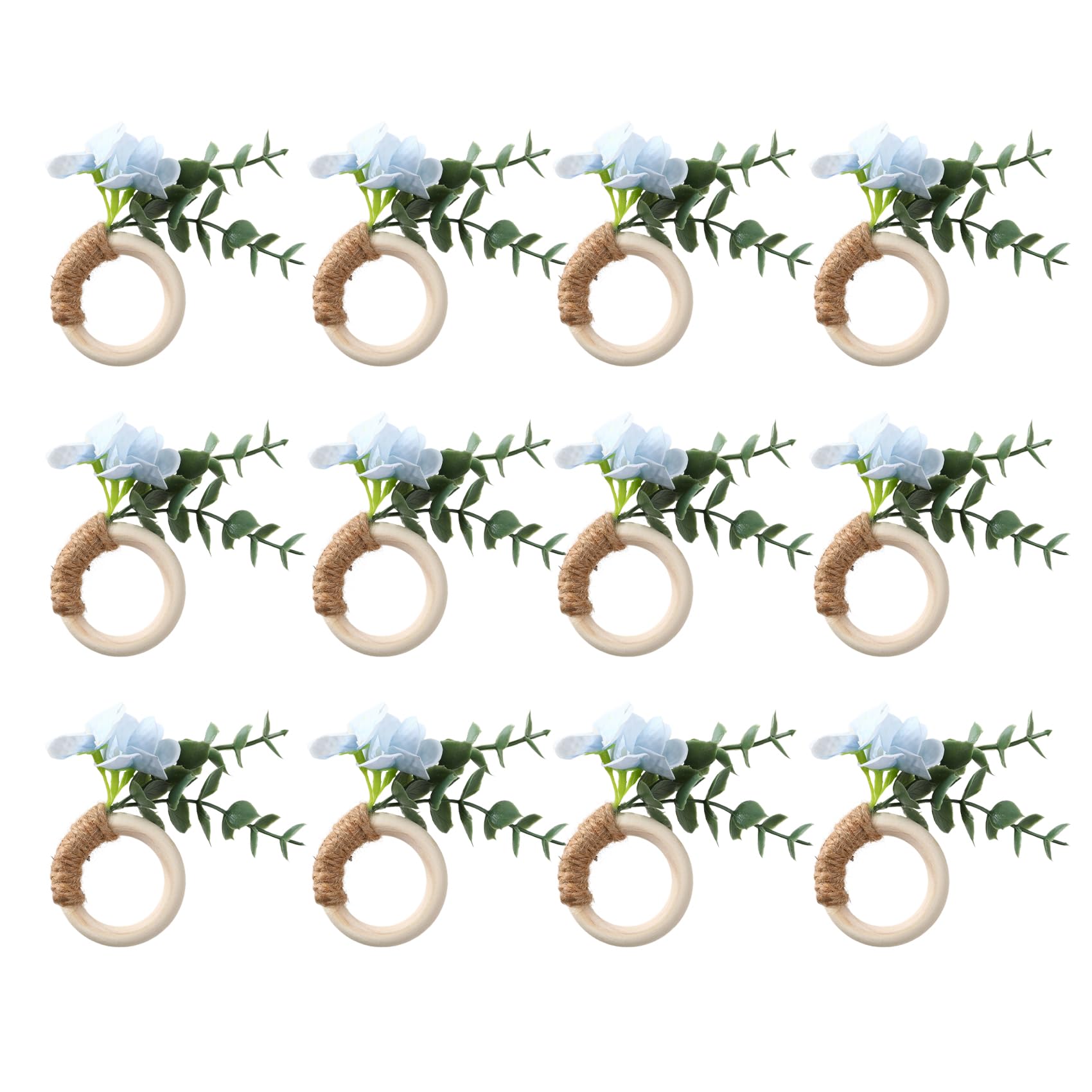 Set of 12 Rustic Wooden Napkin Rings, Jute Wrapped Serviette Holders with Artificial Eucalyptus for Wedding & Party Table Decor（Blue）