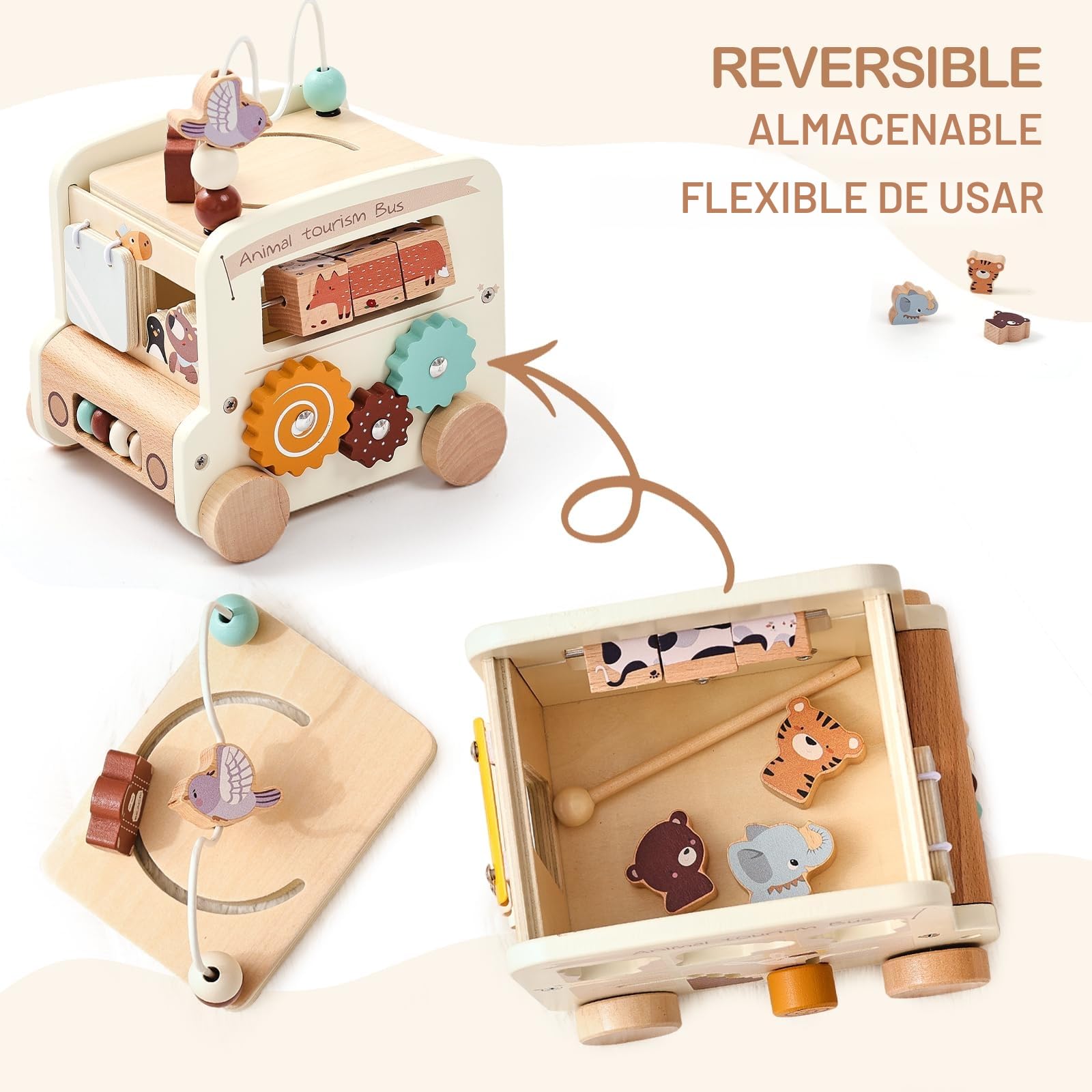OESSUF Cubo de motricidad para bebé Montessori a Partir de 1 año, 9 en 1 autobús, Juguete de motricidad para más de 12 Meses, Juguete de Madera para bebés a Partir de 1 Regalo para niñas y niños