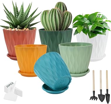 6 Inch Indoor Planter Pots, 6 Pack Flower Seedlings Pot Outdoor Garden, Plastic Planters Succulent Pot with Drainage Holes and Tray Saucers with Plant Labels& Tools for Garden Plants