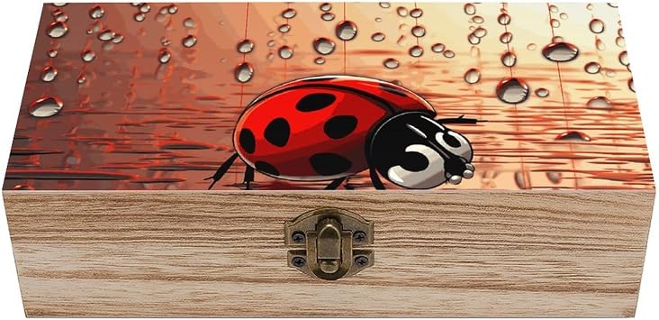 Art Ladybug Tracks Wooden Box - Keepsakes Memory Wood Boxes With Lids Decorative Storage Bin for Jewelry, Letters, Souvenirs Gift Storage Case