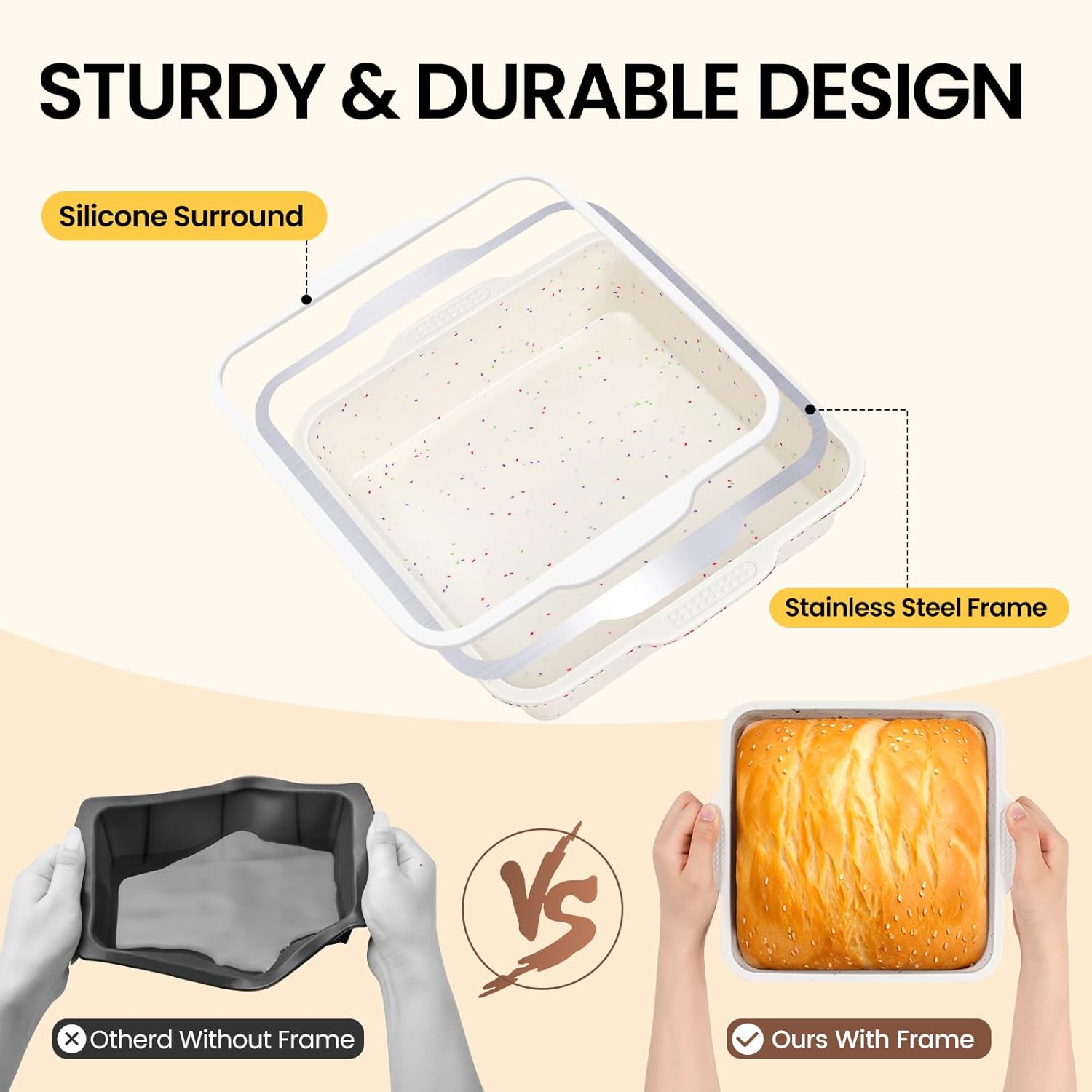 Vinino 8 x 8 Inch Silicone Square Brownie Cake Pan with Metal Reinforced Frame Set of 2, Nonstick Silicone Brownie Pans BPA Free Suitable for Making Cakes, Brownies, Bread - Image 2