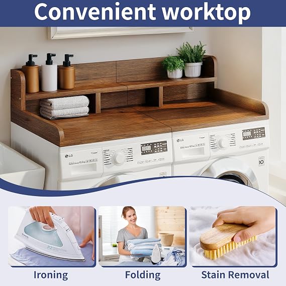 Washer Dryer Countertop with Shelf, 54 W x 27.5 D Laundry Wood Topper with Raised Edge & Non-Slip Pads, Double Layer Organizer for Washer and Dryer