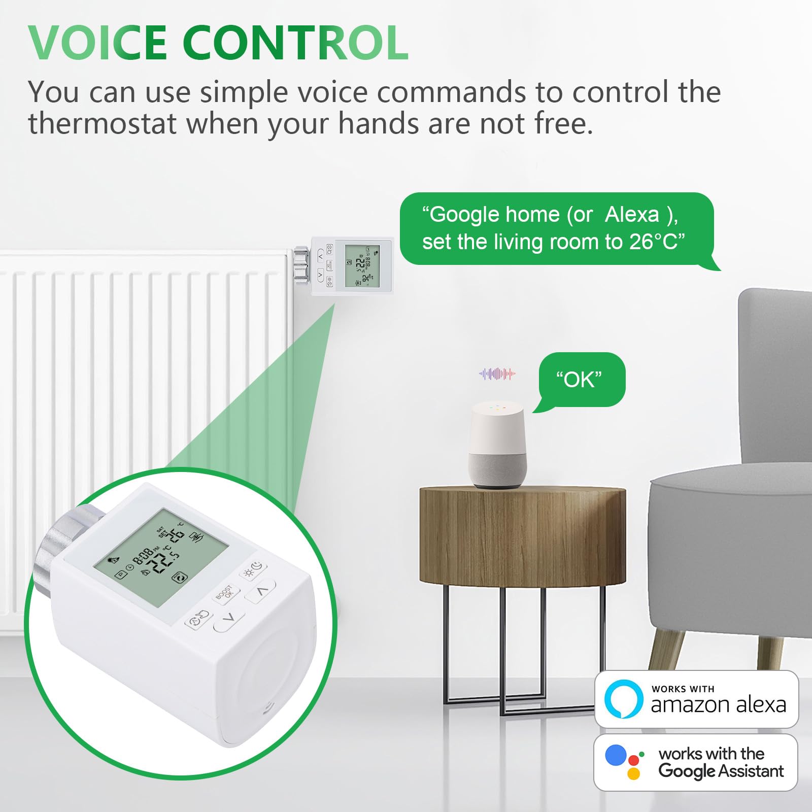 Wengart Vanne de radiateur Smart Home WG359, application Tuya WiFi 2,4 GHz, TRV programmable pour contrôle de la température multi-pièces, thermostat compatible Alexa Google Home