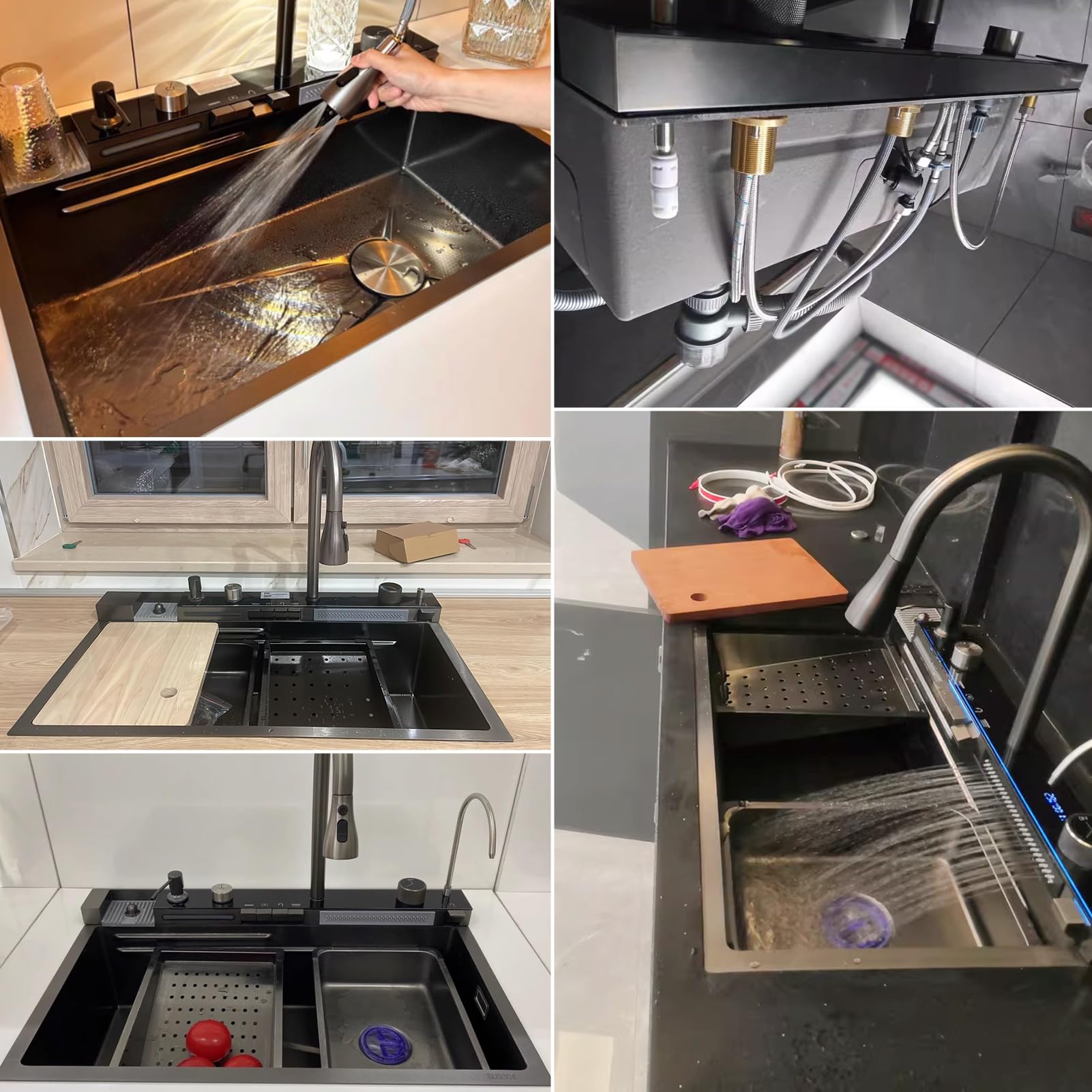 Fregadero de cocina de acero inoxidable multifunción de 80 x 50 cm – 2 cascada fregadero de agua, grifo extraíble, gran lavabo de cocina, con dispensador de jabón, con accesorios para