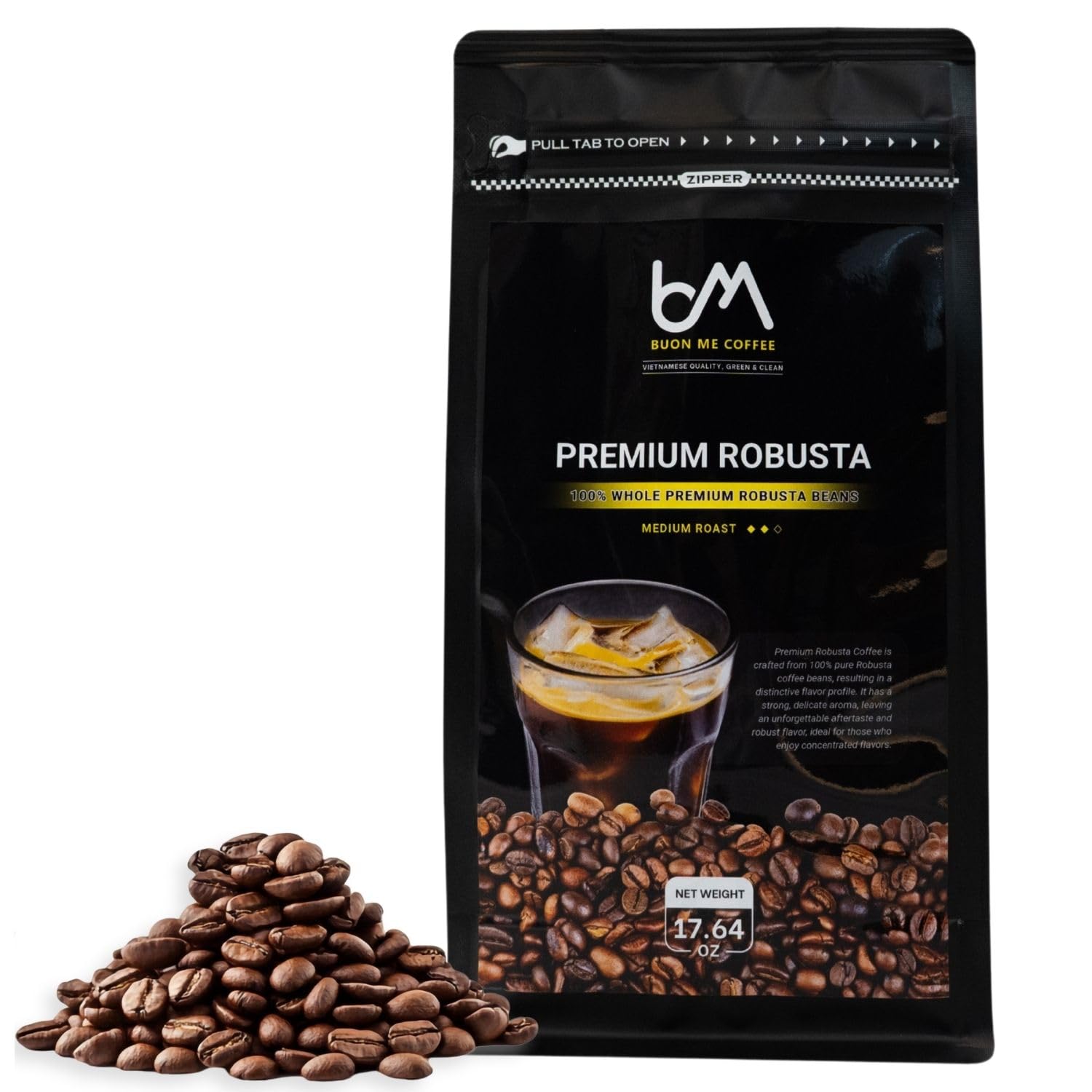 Buon Me Coffee Premium Original Robusta Whole Bean Coffee, 100% Robusta, Medium Roast, Strong Vietnamese Coffee 17.6oz Bag